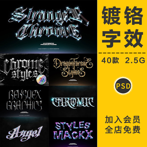 酸性3D金属镀铬字体特效赛博朋克科幻未来哥特样机海报标题PS素材