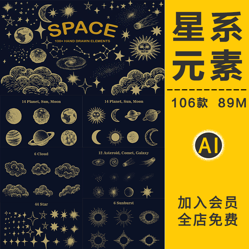神秘金箔天体星系太阳月亮星星几何星坐手账装饰图案AI矢量图素材