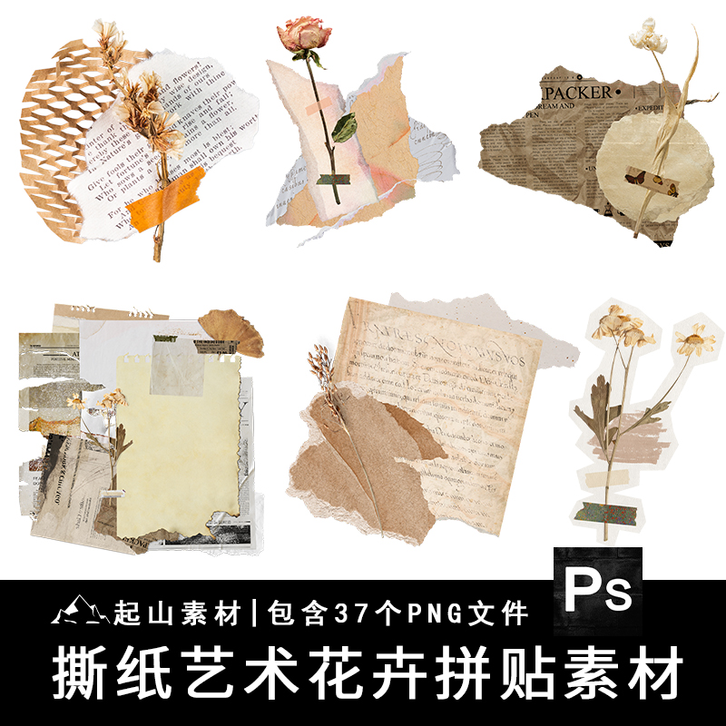 艺术撕纸纸张花卉拼贴文艺PNG免抠图片电子手帐饭圈美工设计素材
