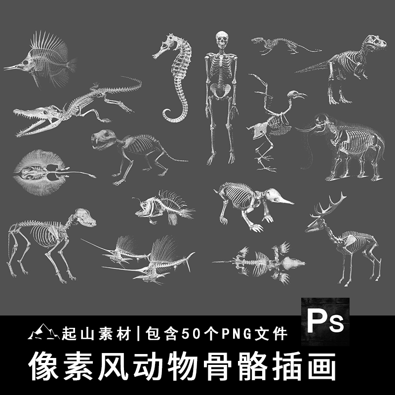 暗黑风像素动物骨骼骨架复古化石特效装饰手账贴纸PNG免抠素材图