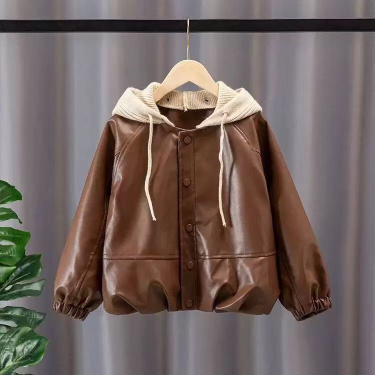 秋冬女童加绒连帽PU皮夹克