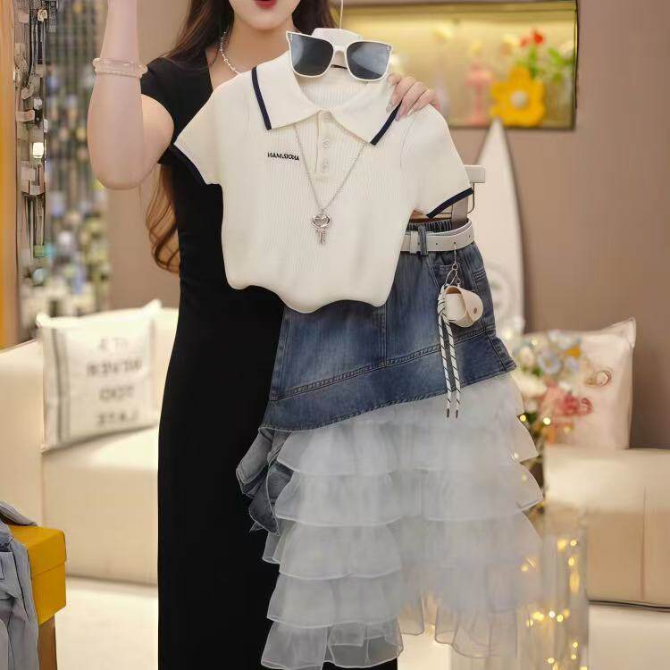 女童套装2026新款夏季儿童洋气女孩时髦POLO领短袖T恤牛仔半身裙