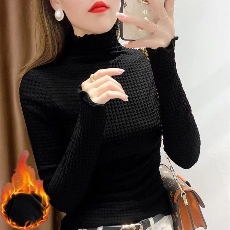 2025新款加绒蕾丝打底衫女半高领内搭洋气女士网纱长袖加厚上衣潮