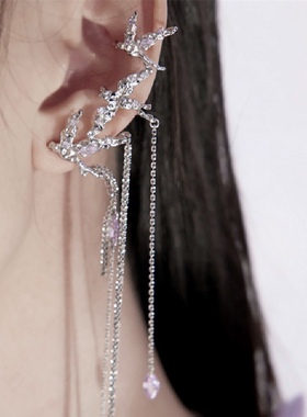 XY冷淡风飞鸟耳骨夹高级感紫色闪钻耳夹无耳洞耳环ins潮流苏耳饰