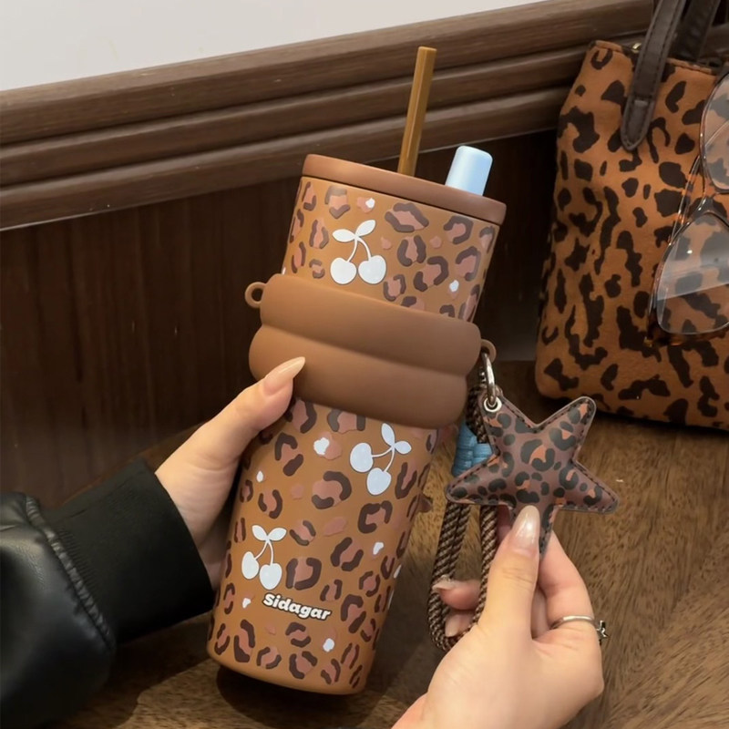 世大家豹纹保温杯女生高颜值吸管