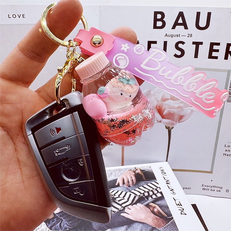 创意流沙瓶少女粉入油亚克力液体钥匙扣萌兔漂浮精致包包挂件公仔