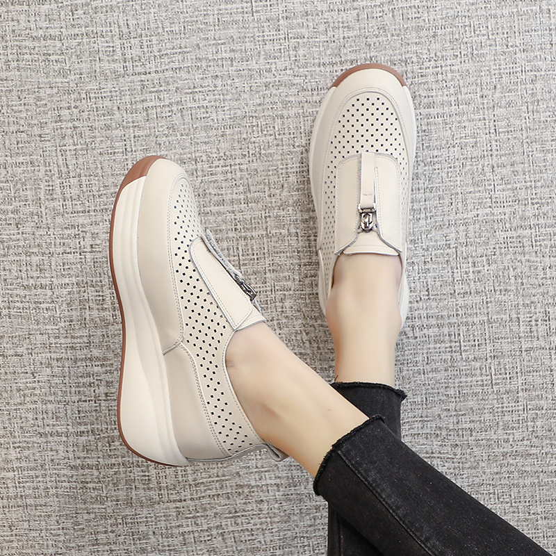 真皮坡跟女鞋厚底舒适镂空单鞋女