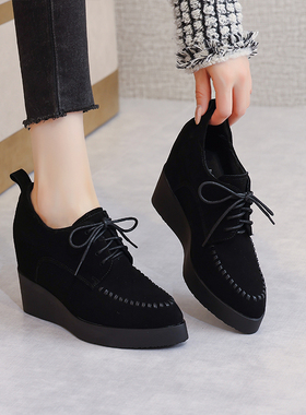 真皮内增高女鞋2026春季新款系带深口单鞋厚底坡跟尖头高跟皮鞋