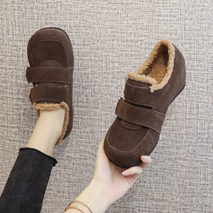豆豆鞋女秋冬季加绒休闲丑萌鞋魔术贴懒人内增高毛毛鞋真皮棉鞋女