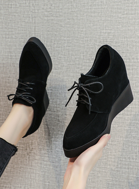 坡跟单鞋女2026新款厚底高跟系带深口皮鞋尖头真皮内增高春秋女鞋