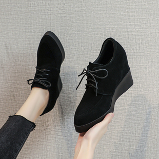 坡跟单鞋女2026新款厚底高跟系带深口皮鞋尖头真皮内增高春秋女鞋