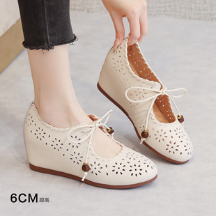 内增高法式复古镂空浅口单鞋软底不累脚春夏妈妈鞋舒适透气洞洞鞋