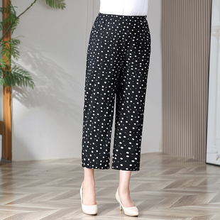 九分裤 薄款 松紧腰宽松直筒妈妈装 花裤 中老年女裤 子加肥加大码 夏季