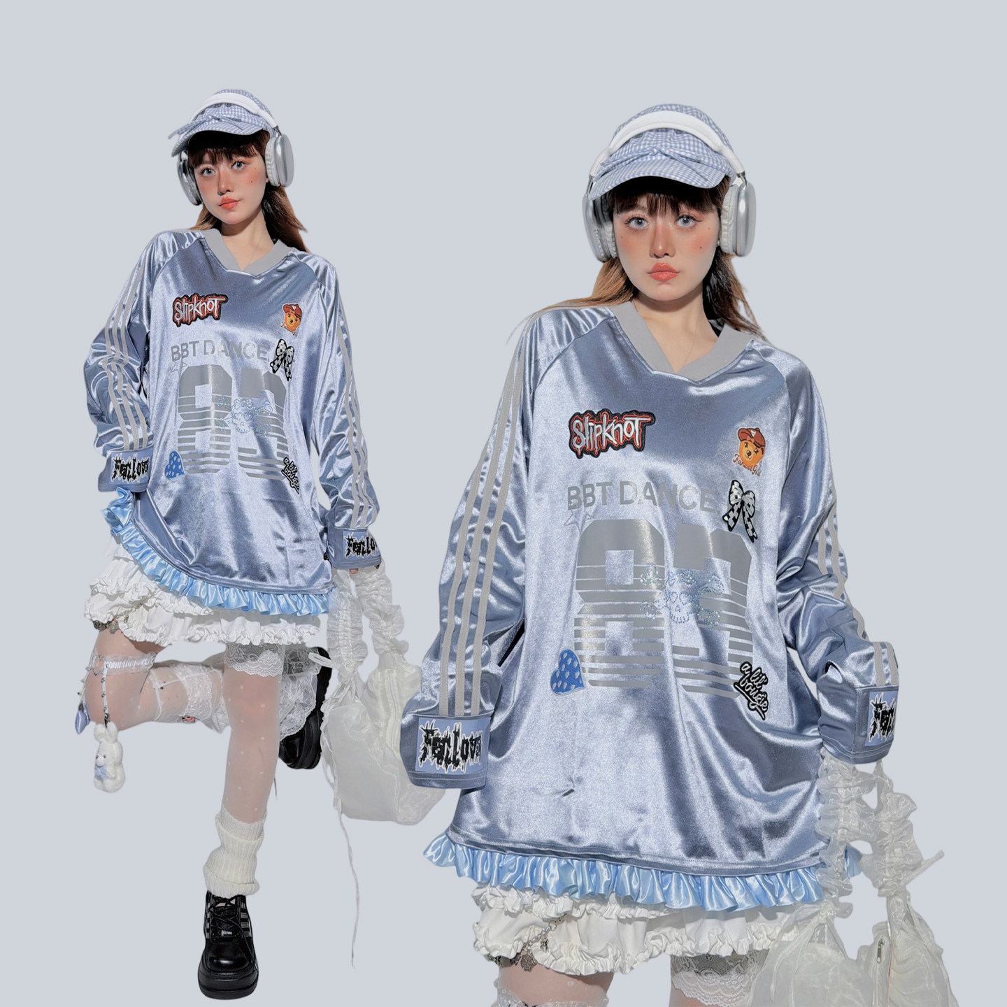 婴儿蓝拼接字母运动风宽松卫衣