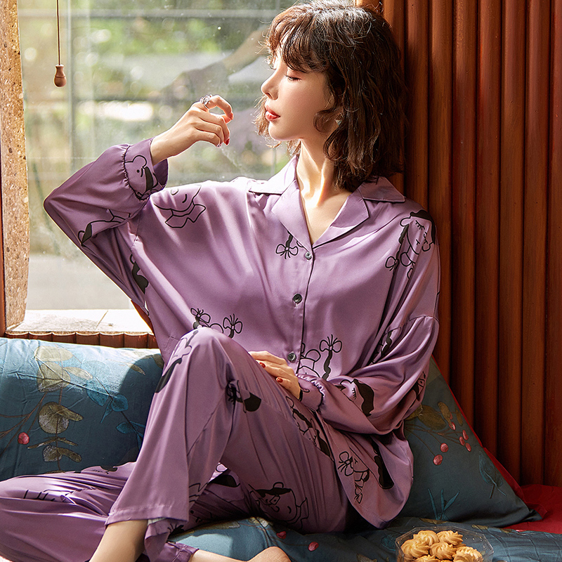 AI Shang's real ice silk pajamas women's spring and autumn long sleeve new leisure large size can wear suit home clothes