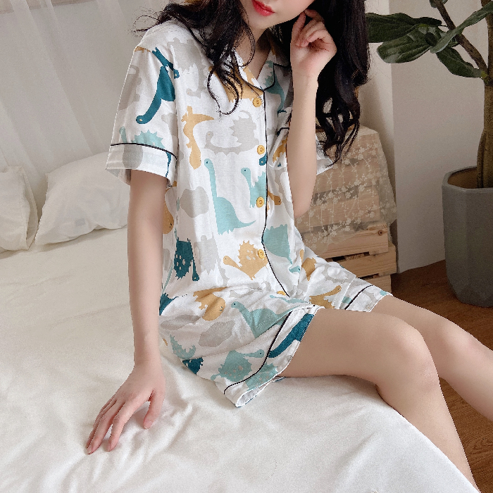 Real cute cartoon dinosaur cotton pajamas summer short sleeve shorts casual suit couple home wear