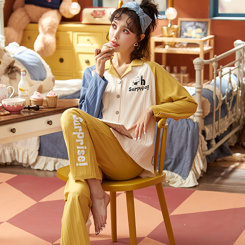 AI Shang's real photo of spring pajamas cotton striped cardigan long sleeve trousers suit Korean simple home clothes