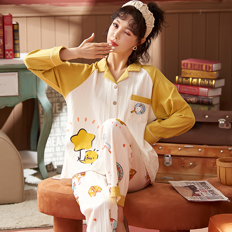 AI Shang's real photo of spring pajamas cotton striped cardigan long sleeve trousers suit Korean simple home clothes