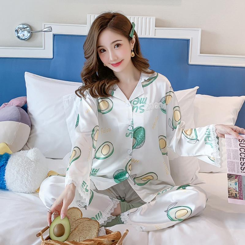 Spring silk like pajamas women's long sleeve Korean loose women's lace home clothes ice silk suit