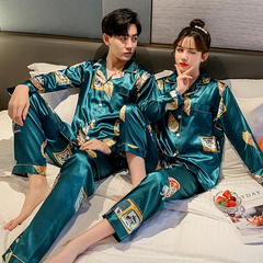 AI Shang's real photos of spring lovers' pajamas long sleeve trousers imitation silk ice silk leisure home suit