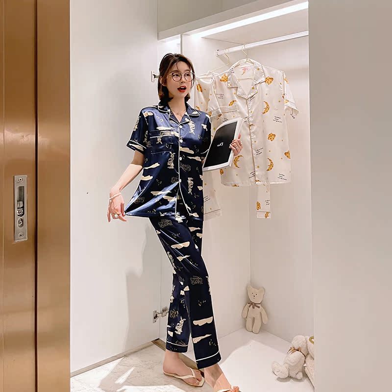 Real shooting summer pajamas new ice silk short sleeve sweet cardigan thin breathable comfortable home clothes