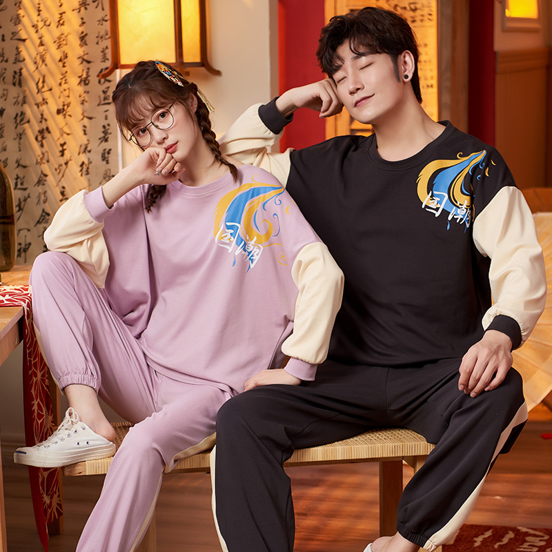 AI Shang's new year combed cotton couple's pajamas with long sleeves and round neck