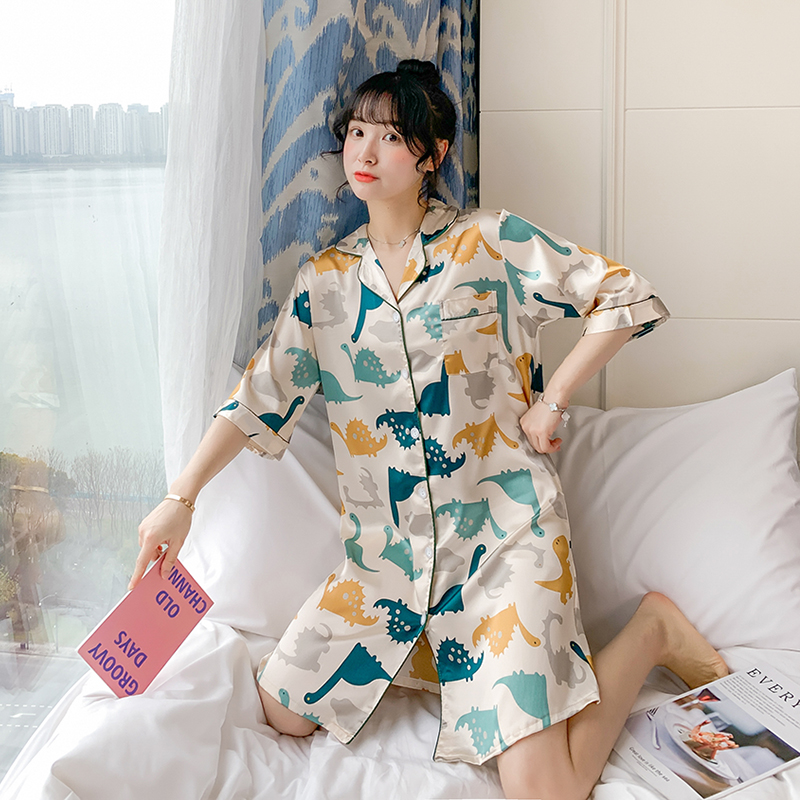 Real shot summer new ice silk medium sleeve nightdress sweet cardigan skirt thin breathable comfortable pajamas