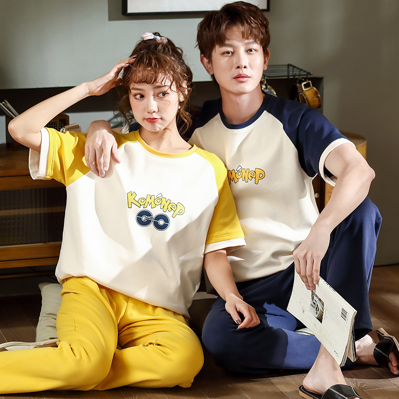 Real shooting of spring and summer couples' pajamas cotton round neck Pullover casual Korean long sleeve home suit