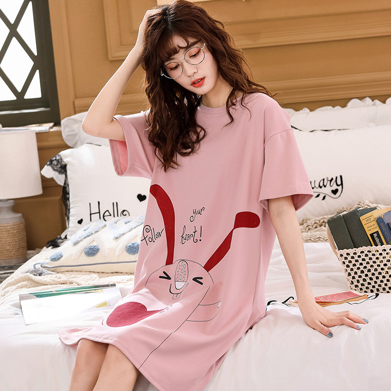 Real shooting summer women's nightdress combed cotton short sleeve round neck cartoon loose medium and long household clothes
