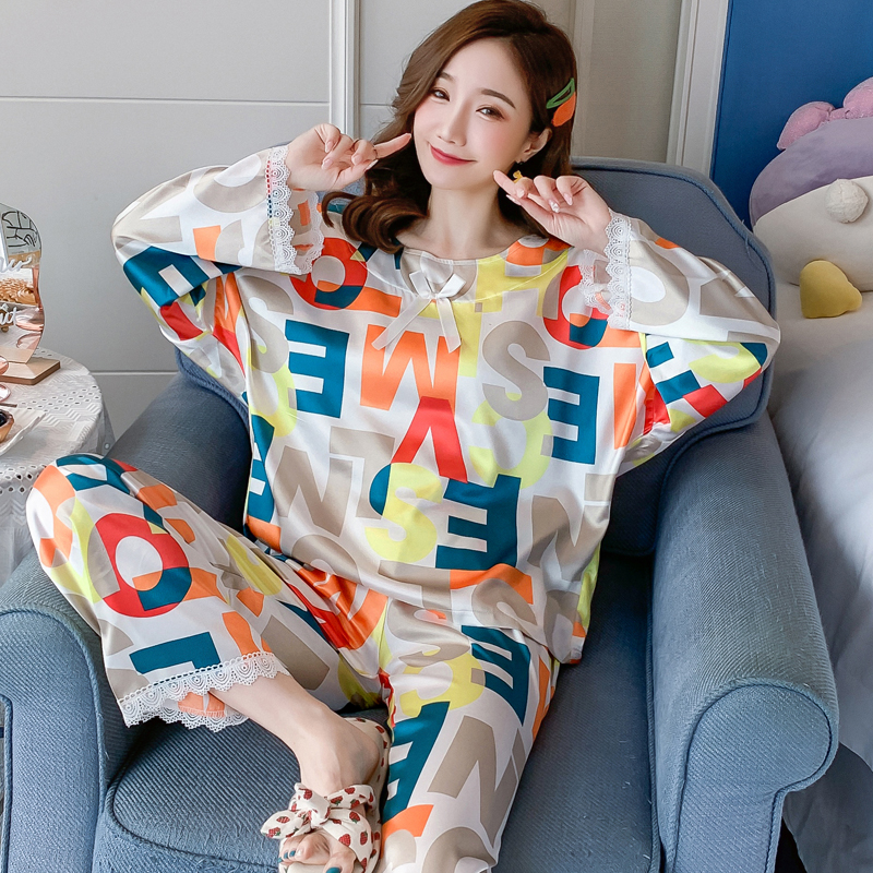 Aishan spring silk like pajamas women's long sleeve Korean loose women's lace home clothes ice silk suit