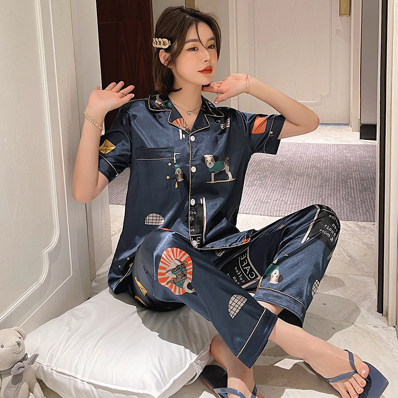 AI Shang's real summer pajamas new ice silk short sleeve sweet cardigan thin breathable comfortable home clothes