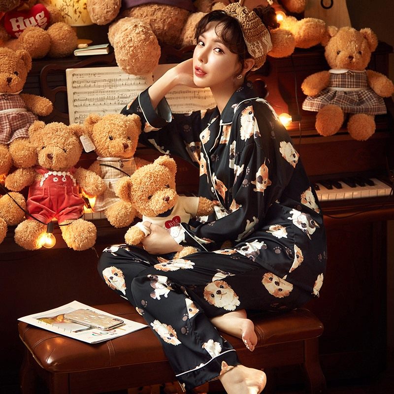 AI Shang's real ice silk pajamas women's spring and autumn long sleeve new leisure large size can wear suit home clothes