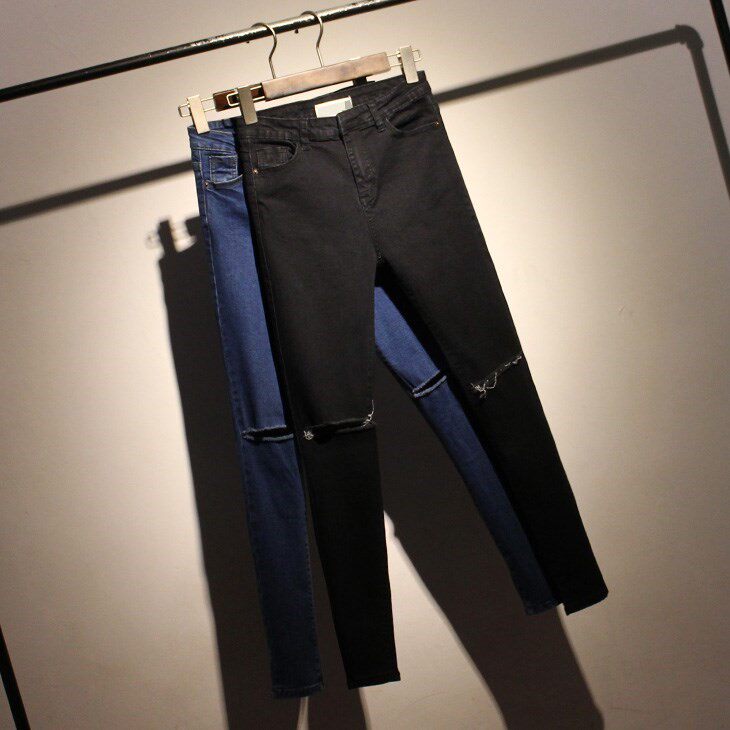 黑色破洞牛仔裤女紧身小脚裤夏季韩版高腰显瘦百搭学生铅笔长裤子|ruв категории Женская одежда, джинсы - от Buy2taobao.com для оказания профессиональной услуги покупки агента Taobao