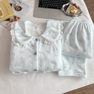 卡通可爱米菲兔娃娃领睡衣女秋冬季法兰绒加厚加绒保暖家居服套装