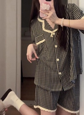 ina风韩版黑色条纹睡衣女夏季短袖短裤薄款可外穿甜美家居服套装