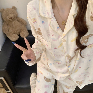 蛋糕甜点兔春秋日系睡衣女卡通可爱长袖长裤翻领家居服套装可外穿