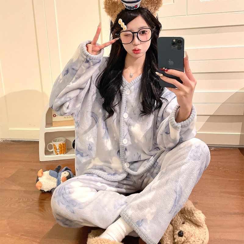 冬天韩版小香风法拉绒睡衣女秋冬季加绒加厚保暖可外穿家居服套装