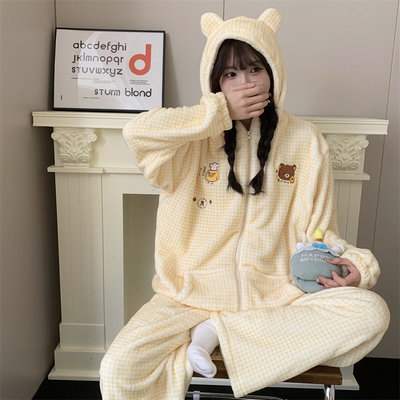可爱轻松熊连帽拉链睡衣女秋冬加绒加厚保暖法兰绒格子家居服套装