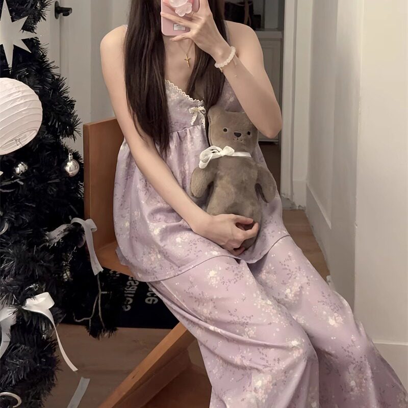 韩系甜美紫色碎花睡衣女夏季带胸垫吊带长裤性感纯欲风家居服套装