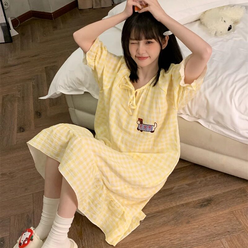 黄色格子腊肠狗纯棉纱布睡裙女夏季新款短袖中长款可爱家居服睡衣