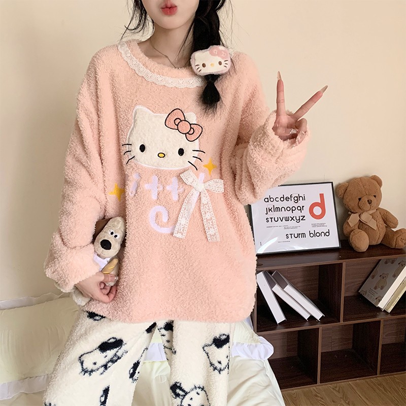 hellokitty睡衣女款半边绒秋冬季加厚珊瑚绒2025新款保暖家居服冬