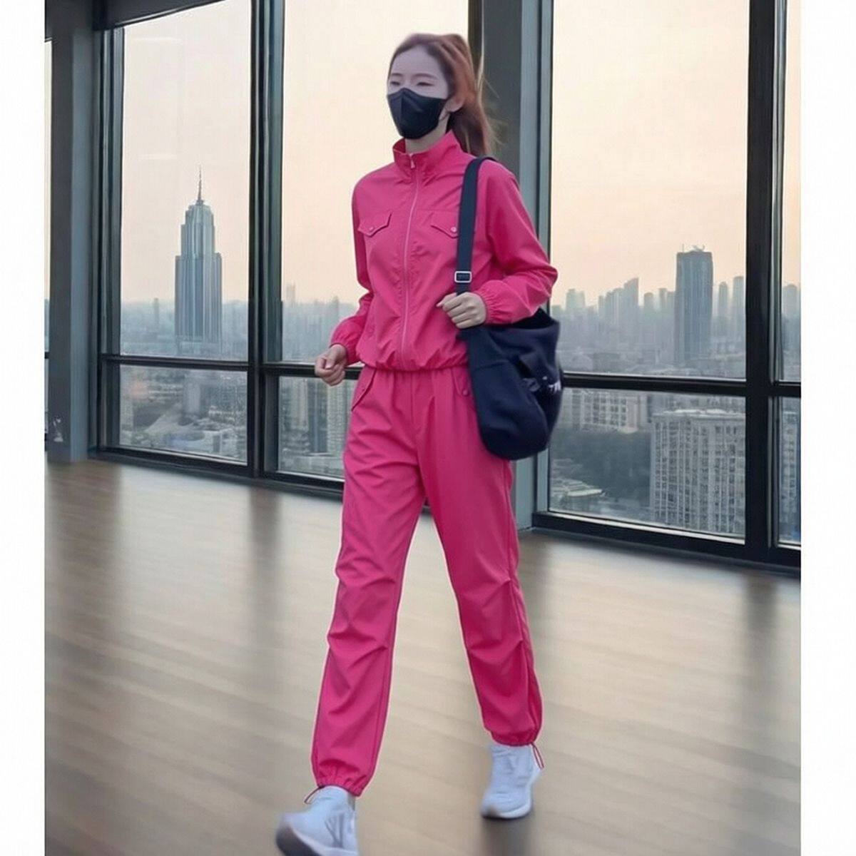 玫红色休闲运动套装女跑步健身速干防晒外套束脚裤春装搭配一整套