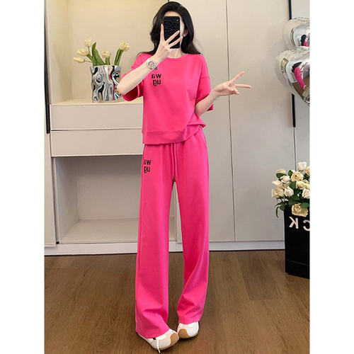 洋气炸街休闲运动套装女2026夏季减龄玫红色短袖T恤阔腿裤两件套