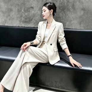 2026年春秋职业轻熟风知性穿搭杏色西装外套高腰长裤两件套装女