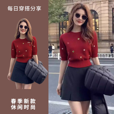 安可拉红气质圆领重工钉珠