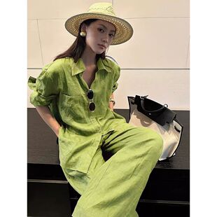 阔腿裤 老钱风亚麻衬衫 衬衫 2026春夏百搭翻领绿色长袖 两件套 套装