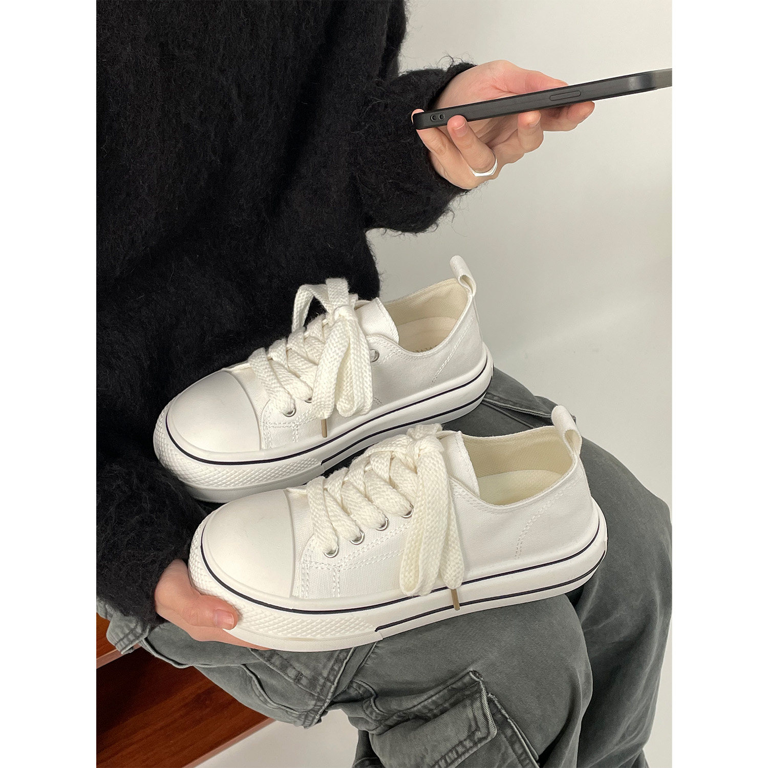 简单小白鞋女2024新款厚底增高学生百搭帆布鞋子ins潮