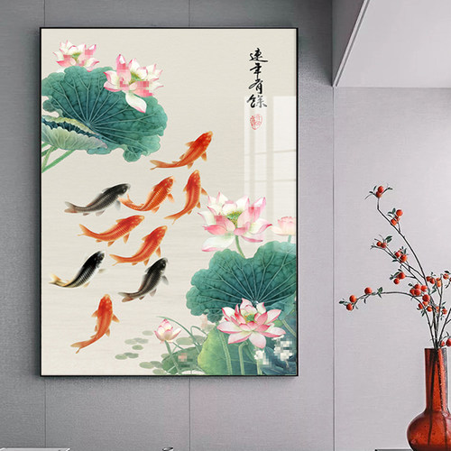 新中式荷花九鱼图玄关装饰画莲花荷叶客厅沙发背景9鲤鱼晶瓷挂画_虎窝淘