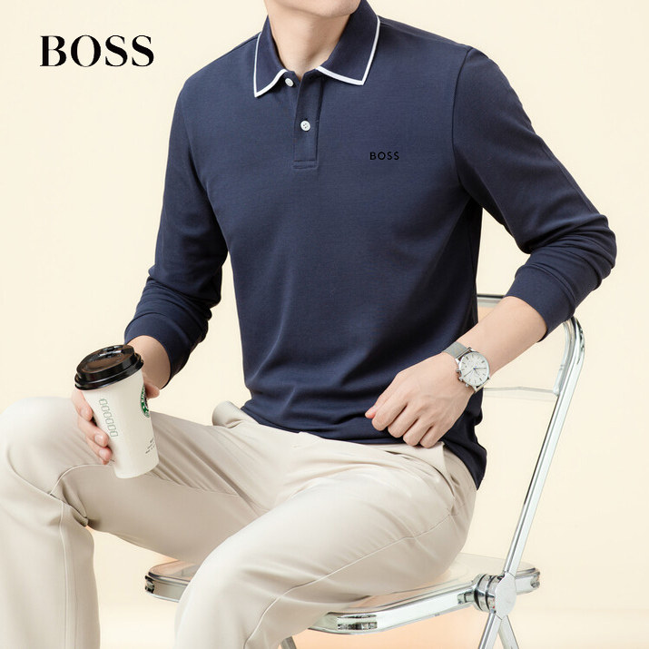 BOSS长袖T恤男秋冬新款商务中年男士纯棉POLO衫休闲时尚翻领上衣