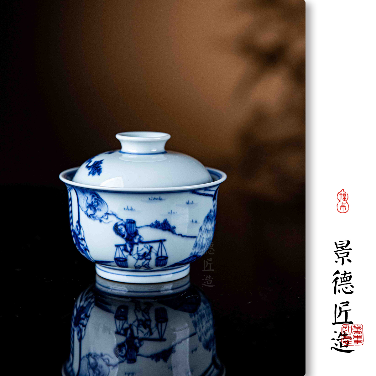 骆深柴窑青花手绘耕织图盖碗